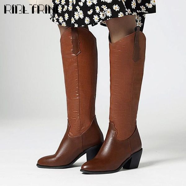 

boots ribetrini brand big size 45 chunky heels slip on western knee high fashion winter shoes women1, Black