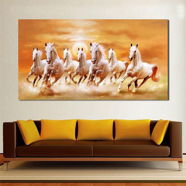 JQHYART Sete Correndo Cavalo Branco Animais Casa Decoração Pinturas em Canvas Pôsteres e Impressões Modern Wall papel de parede para celular para sala de estar Y200102