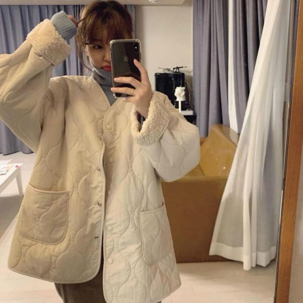 

women winter vintage loose lamb wool parkas single breasted beige cotton coat jacket full sleeve overcoat v neck cloak, Black