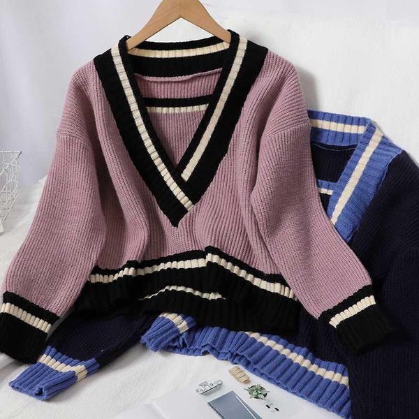 

peonfly autumn sweater women's v neck knitted pullovers korean elegant loose striped casual outerwear jumper blue pink1, White;black