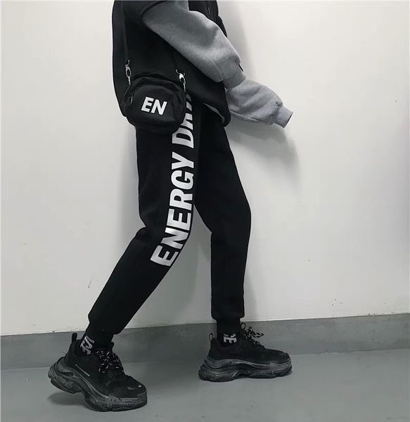 

new thin 2021 nonfat female elastic waistband jogger pant plus size letter print sports pants 6vp2, Black;white