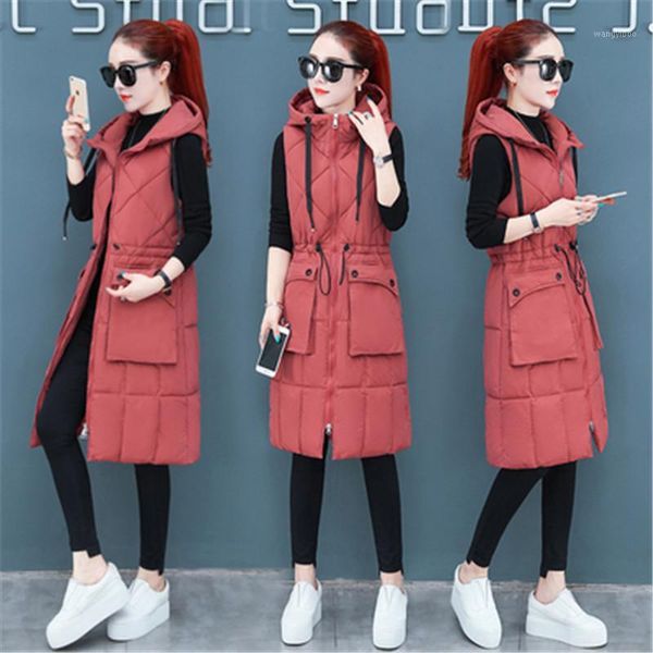 

women hooded winter sleeveless vest 2019 fashion warm waistcoat jacket ladies long adjustable waist solid color outerwear m-3xl1, Black;white