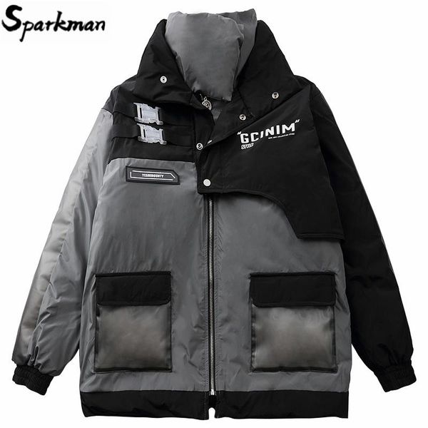 

men patchwork pocket parka jacket hip hop streetwear buckle ribbon padded jacket windbreaker harajuku cotton winter outwear warm, Black