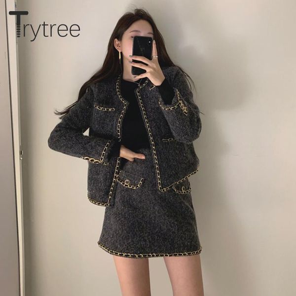 

trytree 2020 осень зима два куска женщин набор tweed цепь отделка повседневная хлопковая лайнер пальто + zip мини юбка офис леди 2 кусок наб, Gray