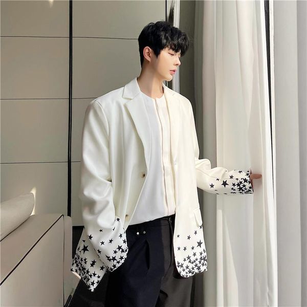 

men's suits & blazers male japan korea streetwear fashion white suit coat overcoat men star print loose casual jacket outerwear, White;black