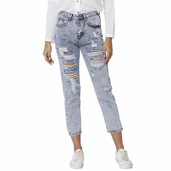 

fall spring cotton streetwear mom jeans high waist ripped jeans for women1, Blue