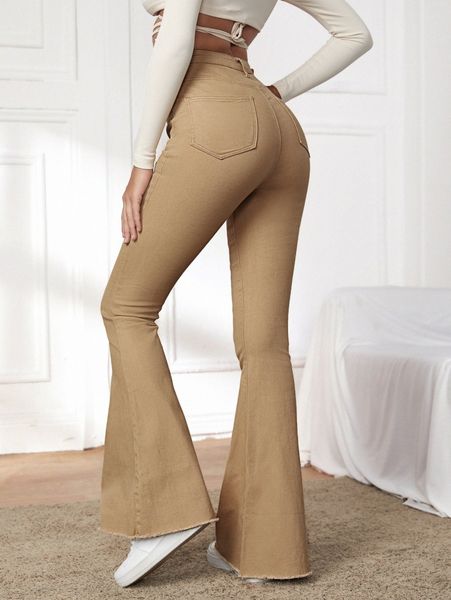 

high waist contrast stitch flare leg jeans i2h2#, Blue