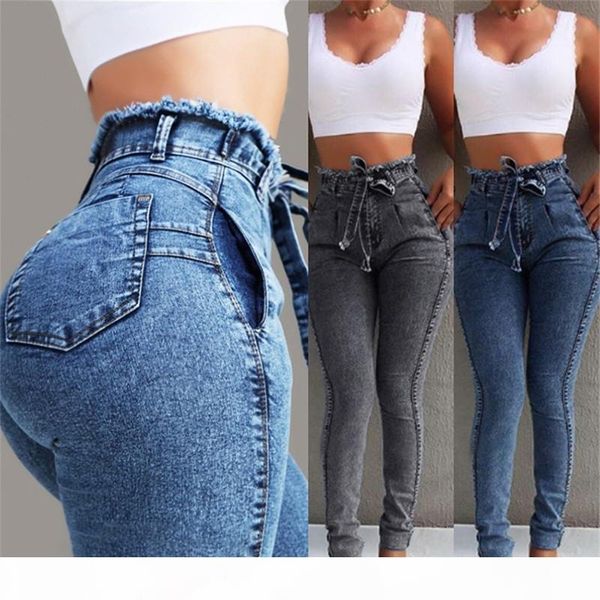 

autumn new women designer jeans fashion ruffled high waisted black long jeans with sashes casual womens designer pants, Blue