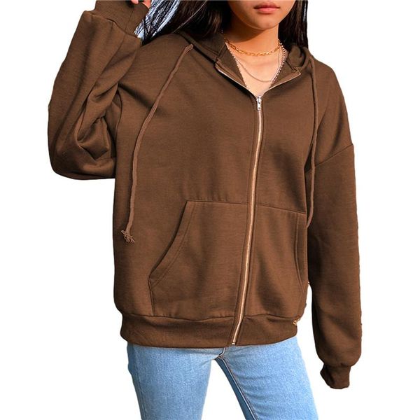 

women's jackets women casual long sleeve zipper hooded coat fall spring loose stylish pocket solid color for ladies outerwear 2021, Black;brown