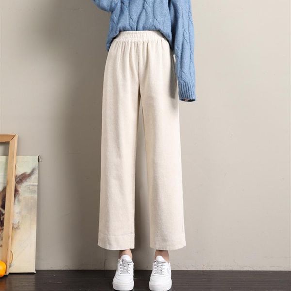 

corduroy pants women wide leg pants fashion france korean style girls beige black trousers elastic waist mujer pantalones chic, Black;white