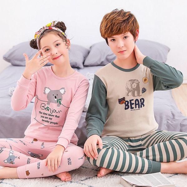 

new teens clothes kids clothing set big boy girl pajamas sets girls boys cotton sleepwear full sleeve pyjamas kids home clothes y200114, Blue;red