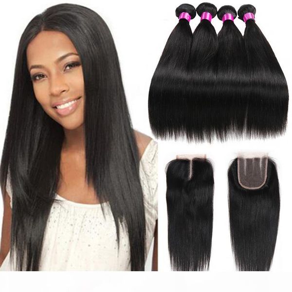 

peruvian malaysian indian brazilian virgin straight weaves hair with closure 8a human hair with closure 3 or 4 bundles with closure, Black;brown