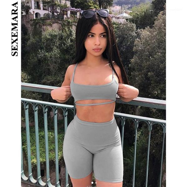 

sexemara short two piece set crop and biker shorts grey black bodycon matching sets summer clothes for women c83-i711, Gray
