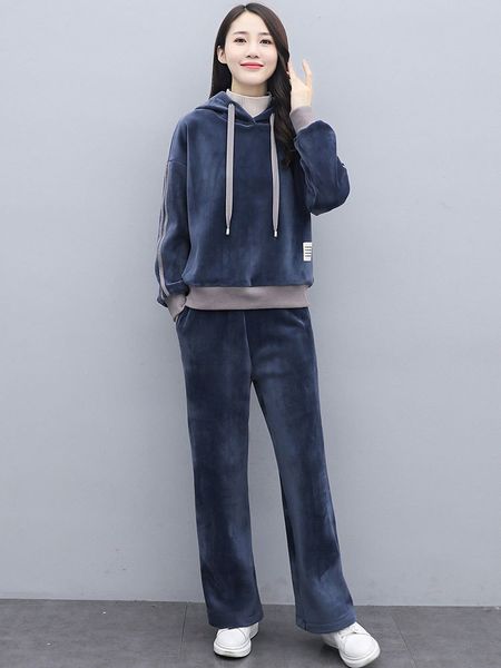 

gold velvet sports suit women plush thickened autumn and winter running casual fashion hooded sweater wide leg pants two piece set, Gray