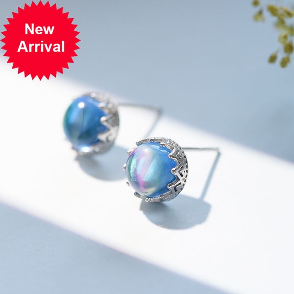

925 silver earrings created thin jewelry round 9mm moonstone lovely girl earring wedding jewels, Golden;silver