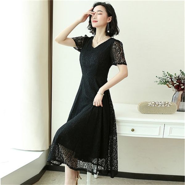 

2021 new women's lace apricot -5xl plus size new korean autumn fashion with low-v-low-necked knee dress lj060 gekb, Black;gray