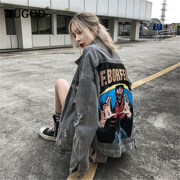 

rugod 2020 autumn women cartoon print demin jacket hip hop style high street fashion vintage&temperament loose frayed coat 20201, Black;brown