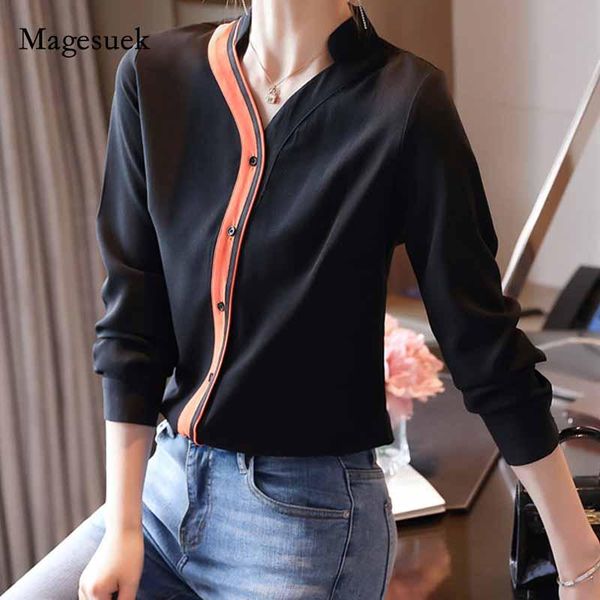 

2021 autumn fashion new women lapel contrasting color v-neck chiffon blouse long sleeve cardigan spliced bottoming shirt 10889, White