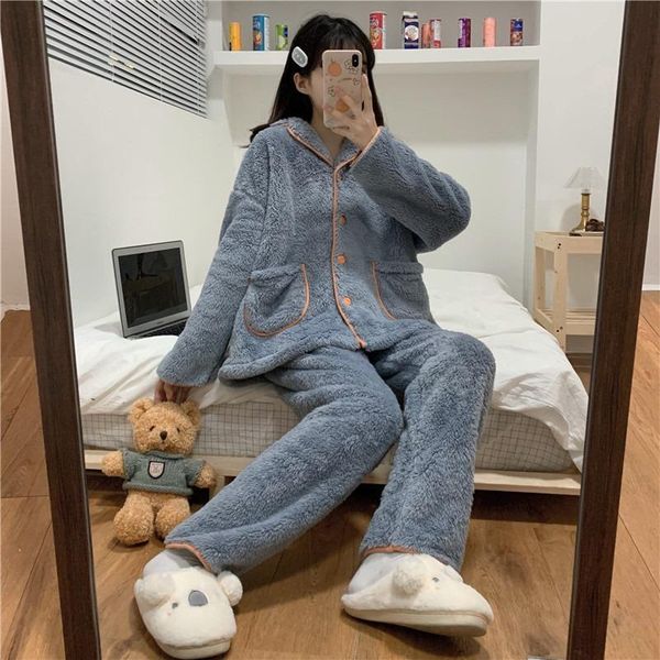 

2020 new pajamas female winter korean version plus velvet thickening warmth sleepwear cardigan home service suit women's pajamas, Black;red