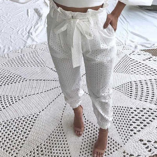 

paperbag waist broderie lace casual pants plaid pants women plus size1, Black;white