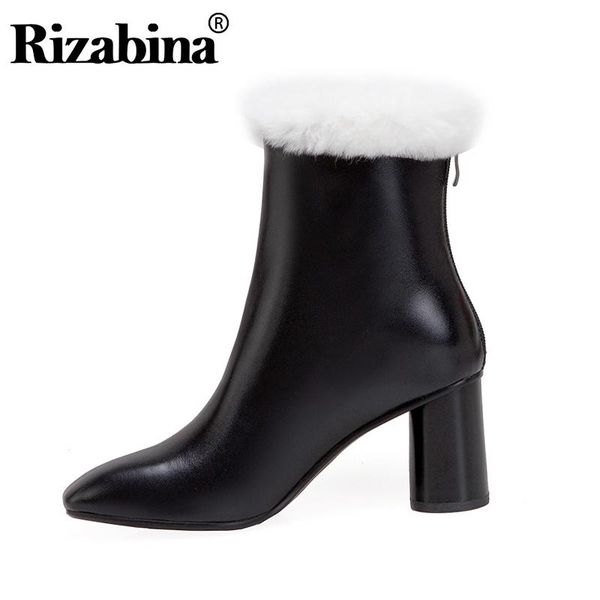 

rizabina women winter warm fur ankle boots 2020 genuine leather office zipper boots work pointed toe botas size 33-40, Black