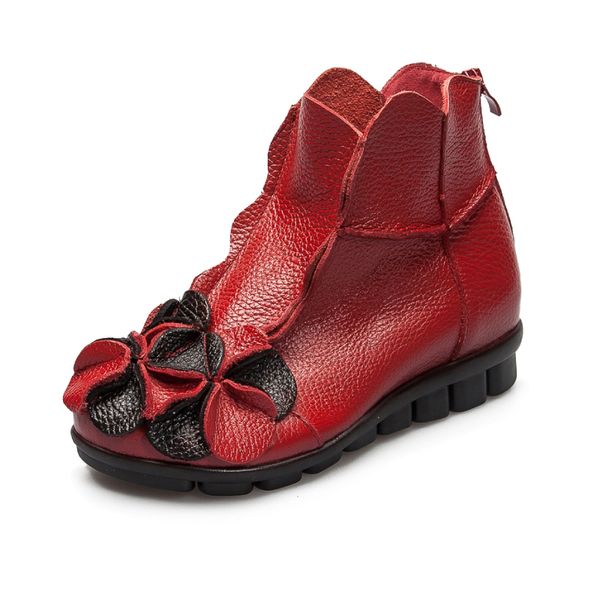 

genuine leather ankle the women of vintage handmade flowers retro cowboy boots warm autumn woman shoes, Black