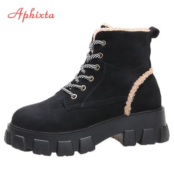 

aphixta platform plush winter warm boots 5cm heel height increasing boots thick sole lace-up women waterproof shoes, Black