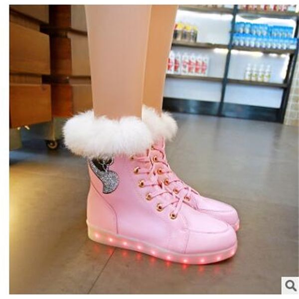

wool female snow ubs led light casual ankle rabbit hair winter boots warm women mujer flat shoes t7k4, Black