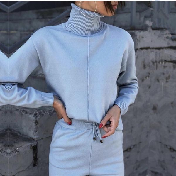 

женщины scestsuits 2 части наборы осень зимний свитер turtleneck pullovers и длинные трикотажные брюки вязаные костюмы женские бегать носить, Gray