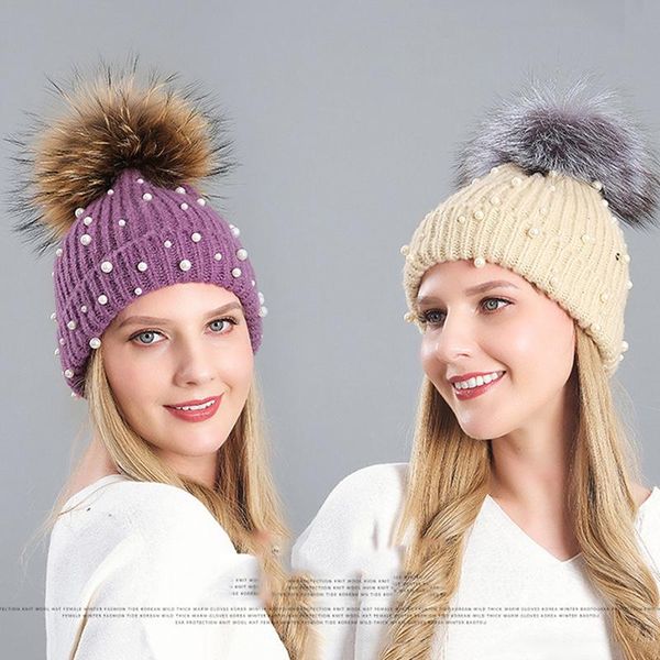 

beanie/skull caps 2021 natural fur pom hat fashion winter knitted for girl women warm beanies cap autumn, Blue;gray