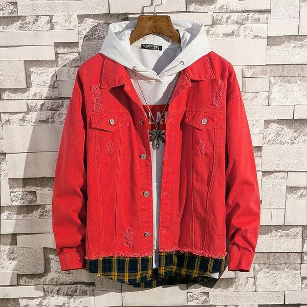 

holes denim jackets new spring autumn men red jean jackets and coats cotton casual denim coats loose jean size 3xl1, Black;brown