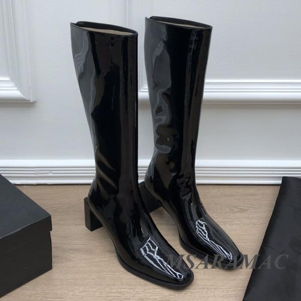 

boots fashion black shiny patent leather square heel long round toe high winter ladies slim designer shoes