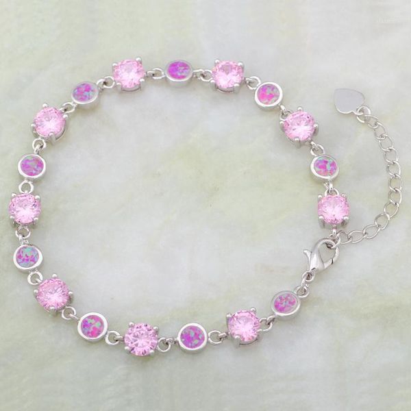 Braccialetti con ciondoli Argento Colore Rosa Zircone Opale di fuoco per donne Pulseiras Femininas 18,5 cm 7,28 pollici AB302