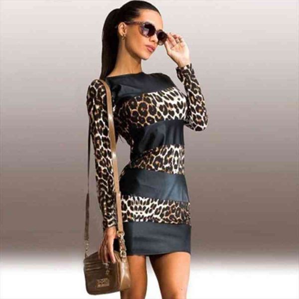 

women bodycon dress leopard leather splice long sleeve o-neck mini club dresses lady club evening party dress vestdos, Black;gray