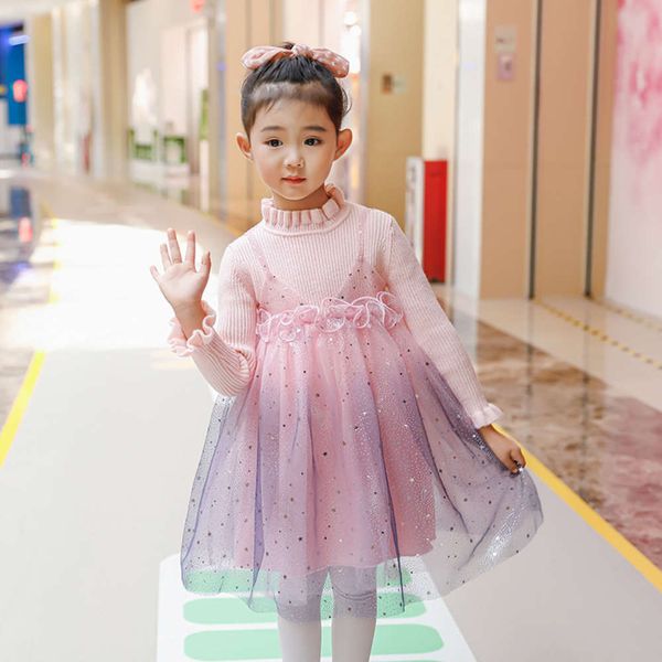 

girls' skirt knitted plush long sve children's mh gradual change princs drs, Red;yellow