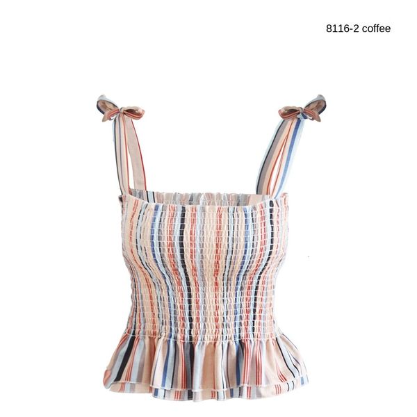 

2021 new summer female vest sleeveless fashion simple strip shoulder frill short upper adjustment 1edx, White