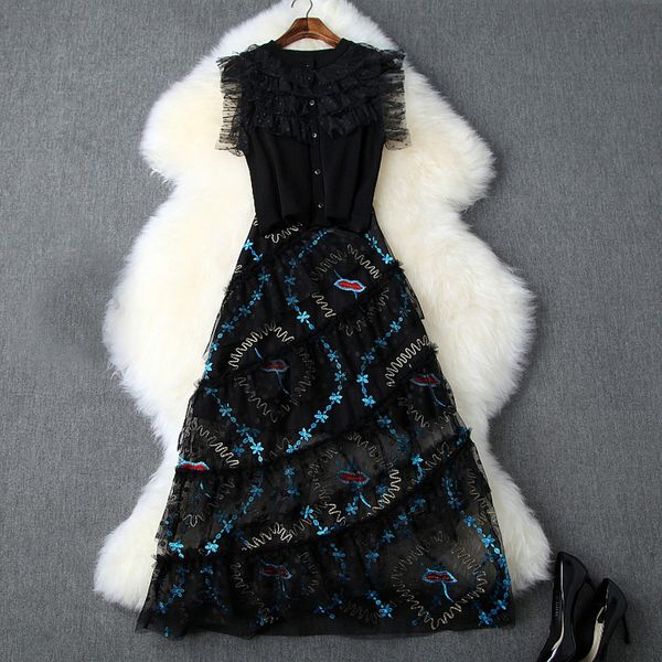 

spring luxury sleeveless crew neck polka dot print knitted embroidery midcalf skirt two piece 2 pieces set jn1015t9920, White