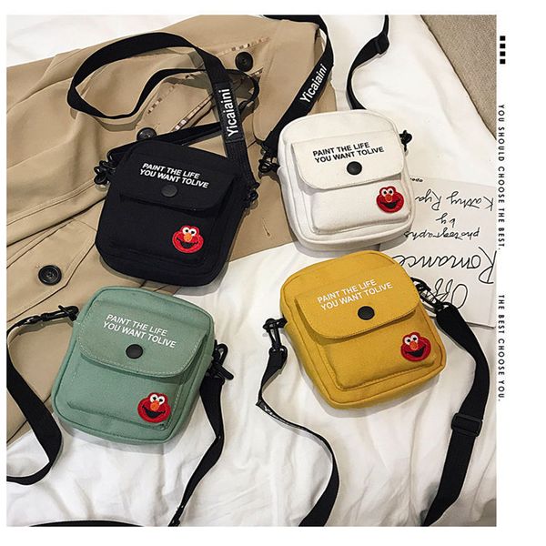 

2020 canvas small bag female tide korean sesame street bungee bag fashion all match single shoulder messenger bag, Red;black