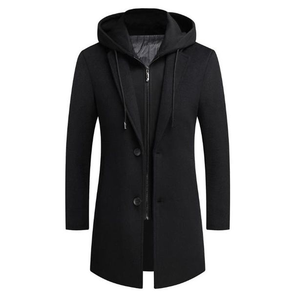 

winter autumn male woolen hooded male long thick windproof casual coat slim fit detachable hat, Black