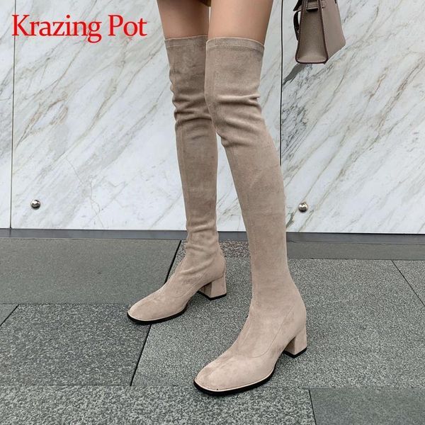 

krazing pot big size flock square toe high heel stretch boots korean street pretty girls dating fashion over-the-knee boots l7f31, Black