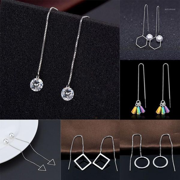 

double fair piercing ear line tassel earrings for women 11 style minimalist trendy girls daily wedding fashion jewelry kbe0221, Silver