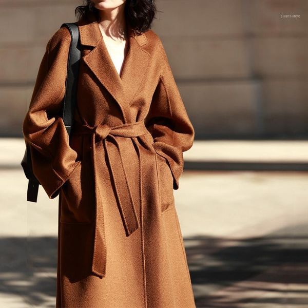 

women coat 2020 new double-sided woolen water ripple woolen coat wool cashmere women mid-length1, Black