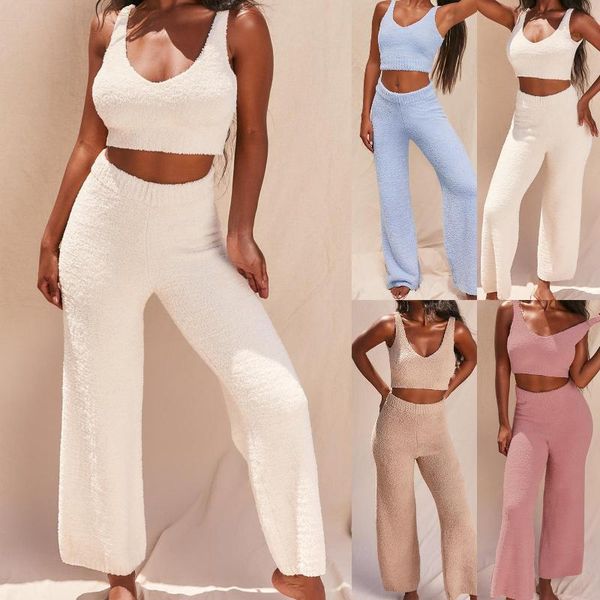 

women autumn backless crop vest pants plush two piece outfit matching set, Gray