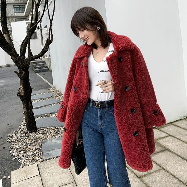 

autumn clothes winter women korean wool jacket real fur coat female sheep shearling manteau femme kg-9, Black