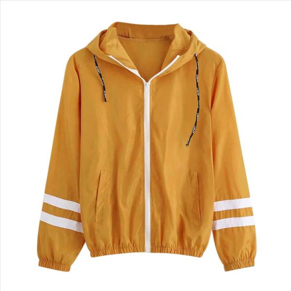

autumn women contrast ribbons trim zip up hooded jacket striped patched sleeve girl coat outwear windbreaker jacket aug21, Tan;black