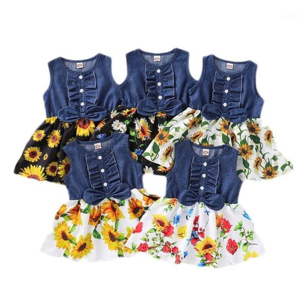 

girl's dresses kids baby girl dress floral denim bow sleeveless party summer casual sundress clothes 1-4y1, Red;yellow