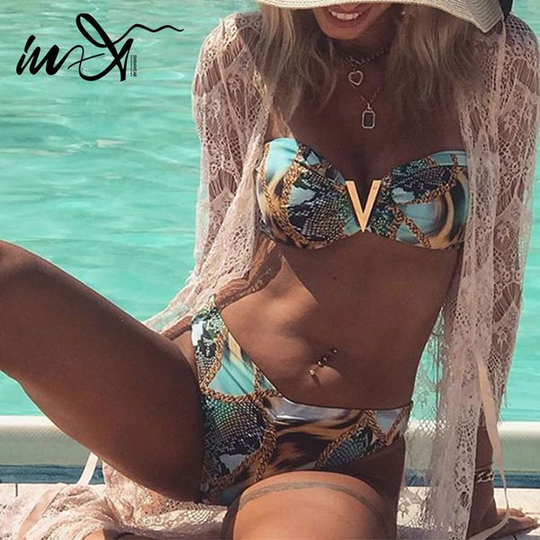 

in-x brazilian bikini set printed swimsuit female strapless biquini metallic swimwear women 2020 beachwear bathing suit new, White;black