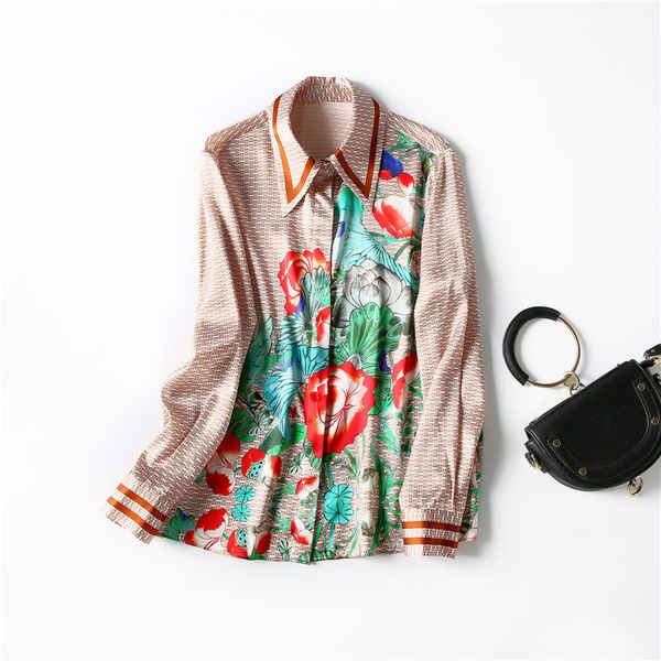 

europe and the united states women's clothing new spring 2021 long-sleeved lapel lotus print fashion silk shirt, White