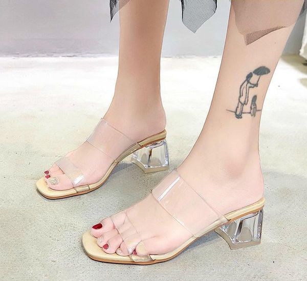 

clear heels slippers women sandals summer shoes woman transparent high pumps wedding jelly buty damskie square heels, Black