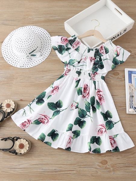 

toddler girls floral print shirred ruffle trim dress she, Red;yellow